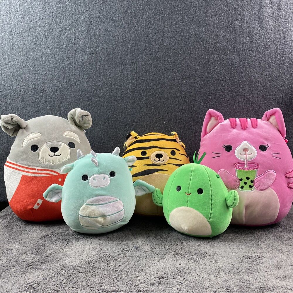 Squishmallows 5pc Bundle Joey Dragon Tina Tiger Bobbix Tabby Cat Retired Plush